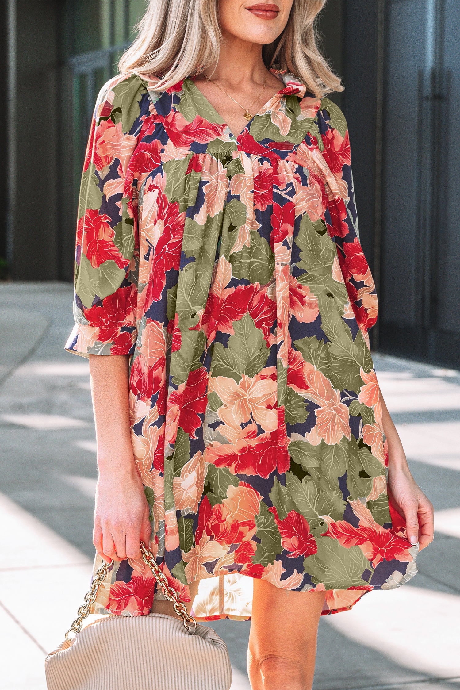 Green Floral Print Frilled Collar V Neck Half Sleeve Mini Dress