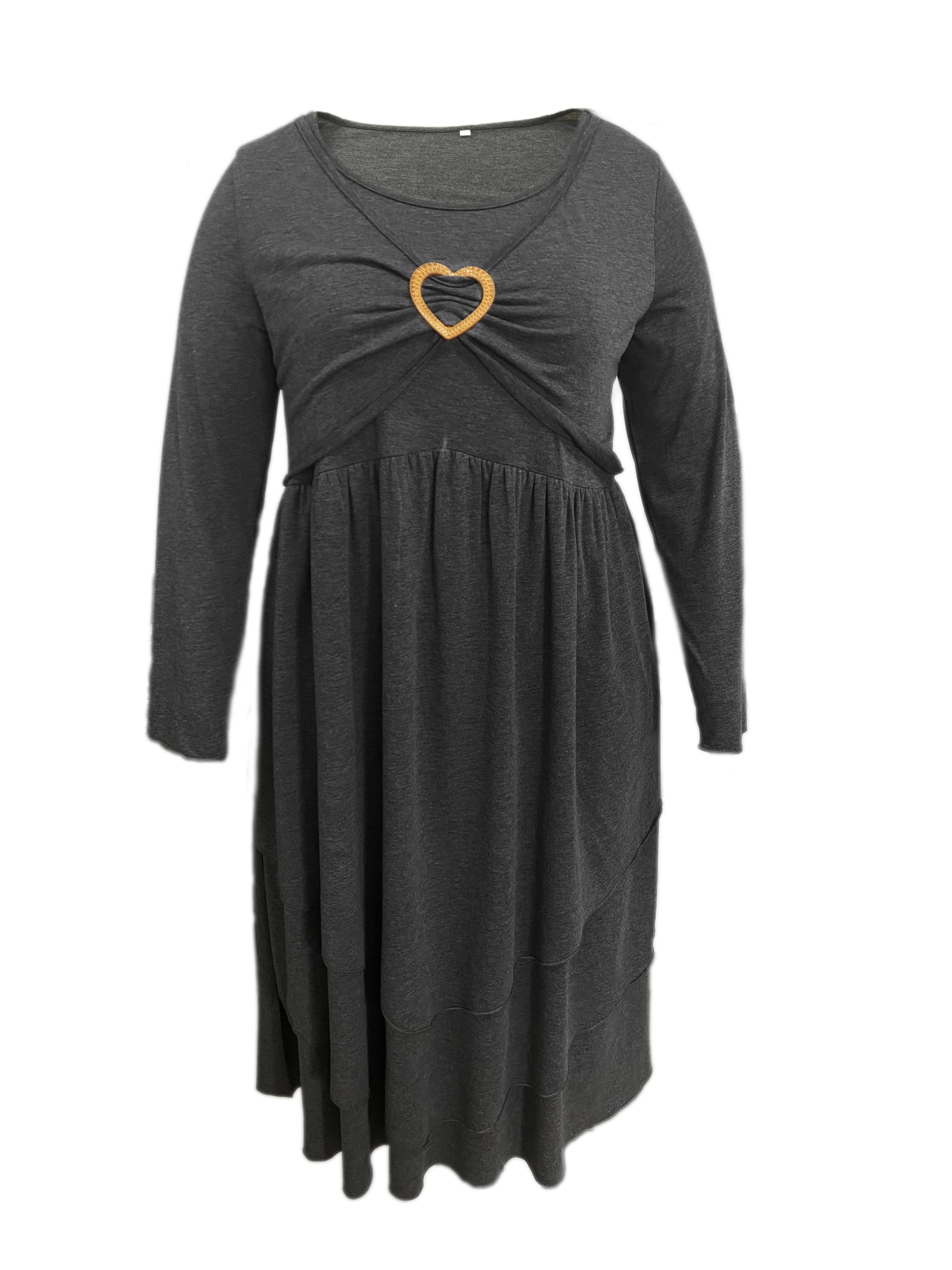 Women's Plain Long Sleeve Layered Heart Ring Decor Round Neck Maxi Dress
