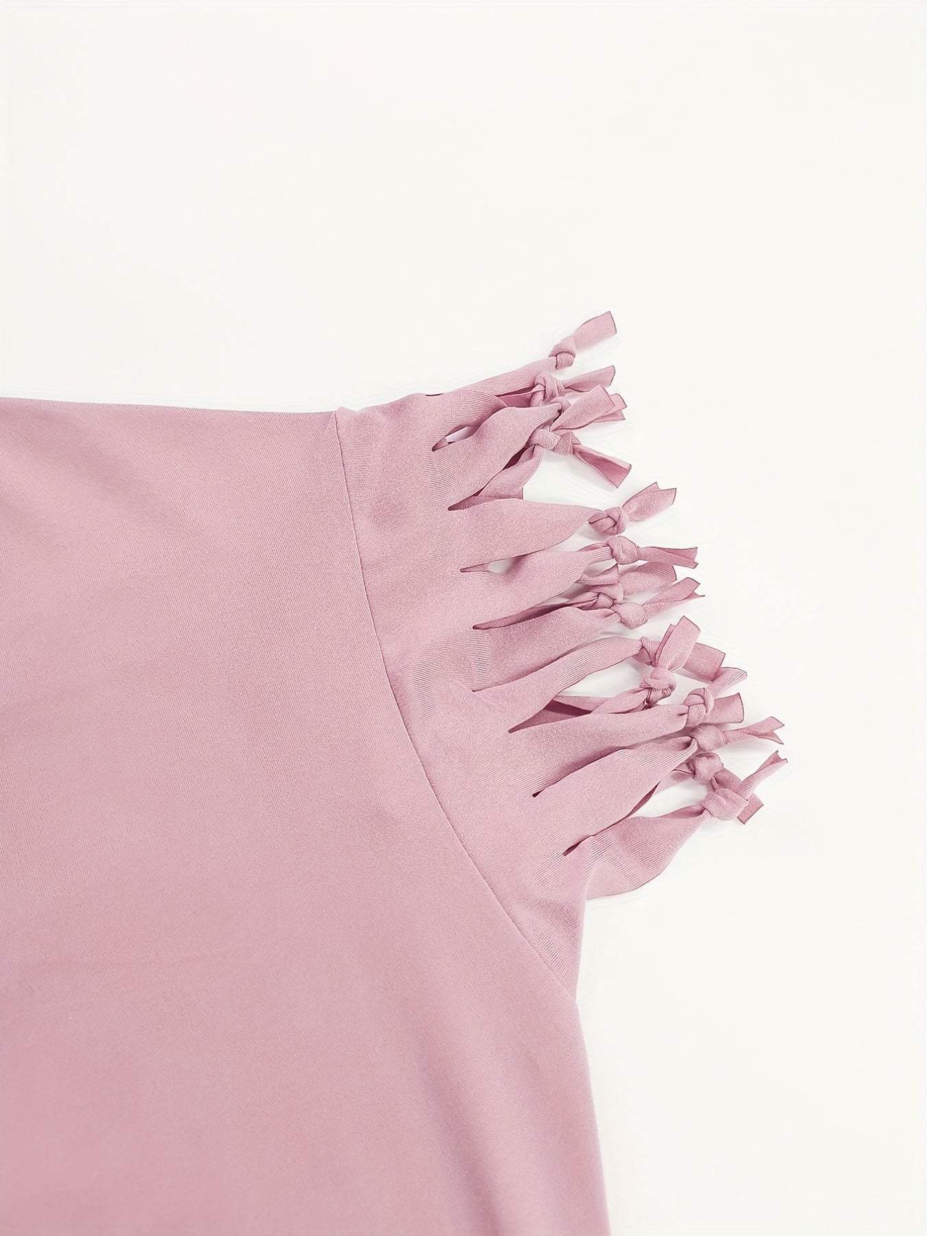 Fringe Hem Solid  T-Shirt, Crew Neck Short Sleeve T-Shirt