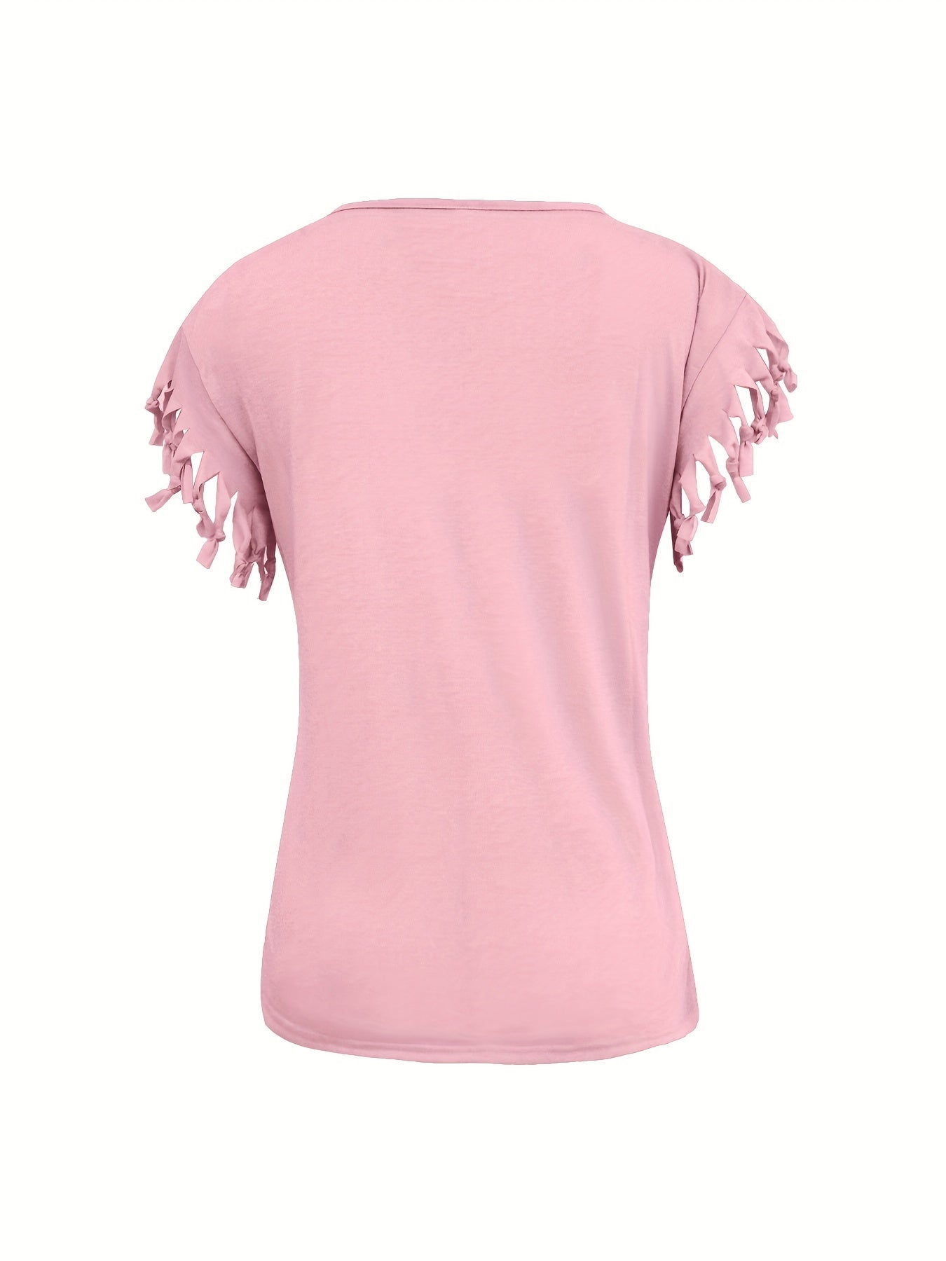 Fringe Hem Solid  T-Shirt, Crew Neck Short Sleeve T-Shirt