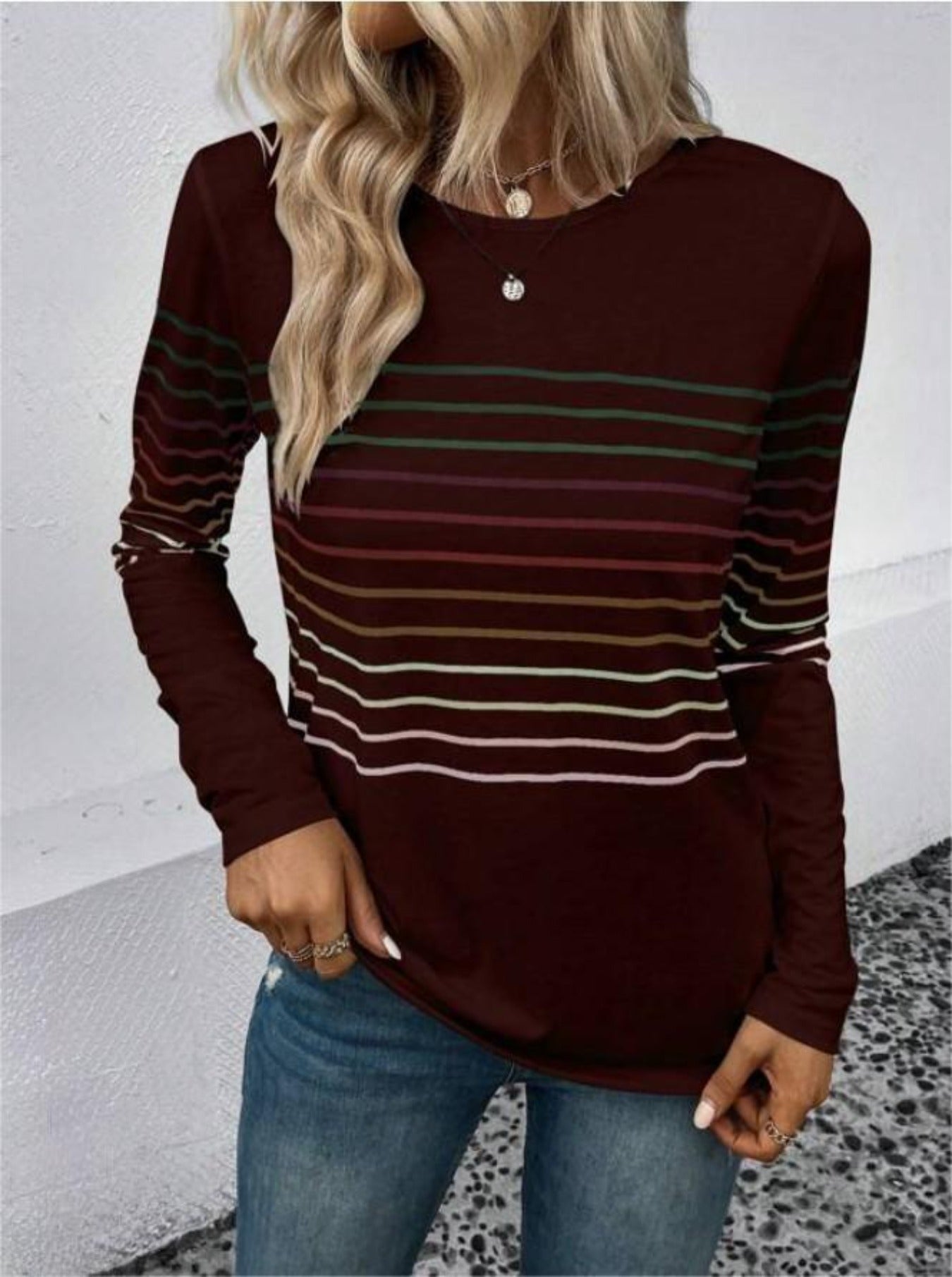 Women's Stripe Print Long Sleeve Round Neck Slight Stretch T-shirt