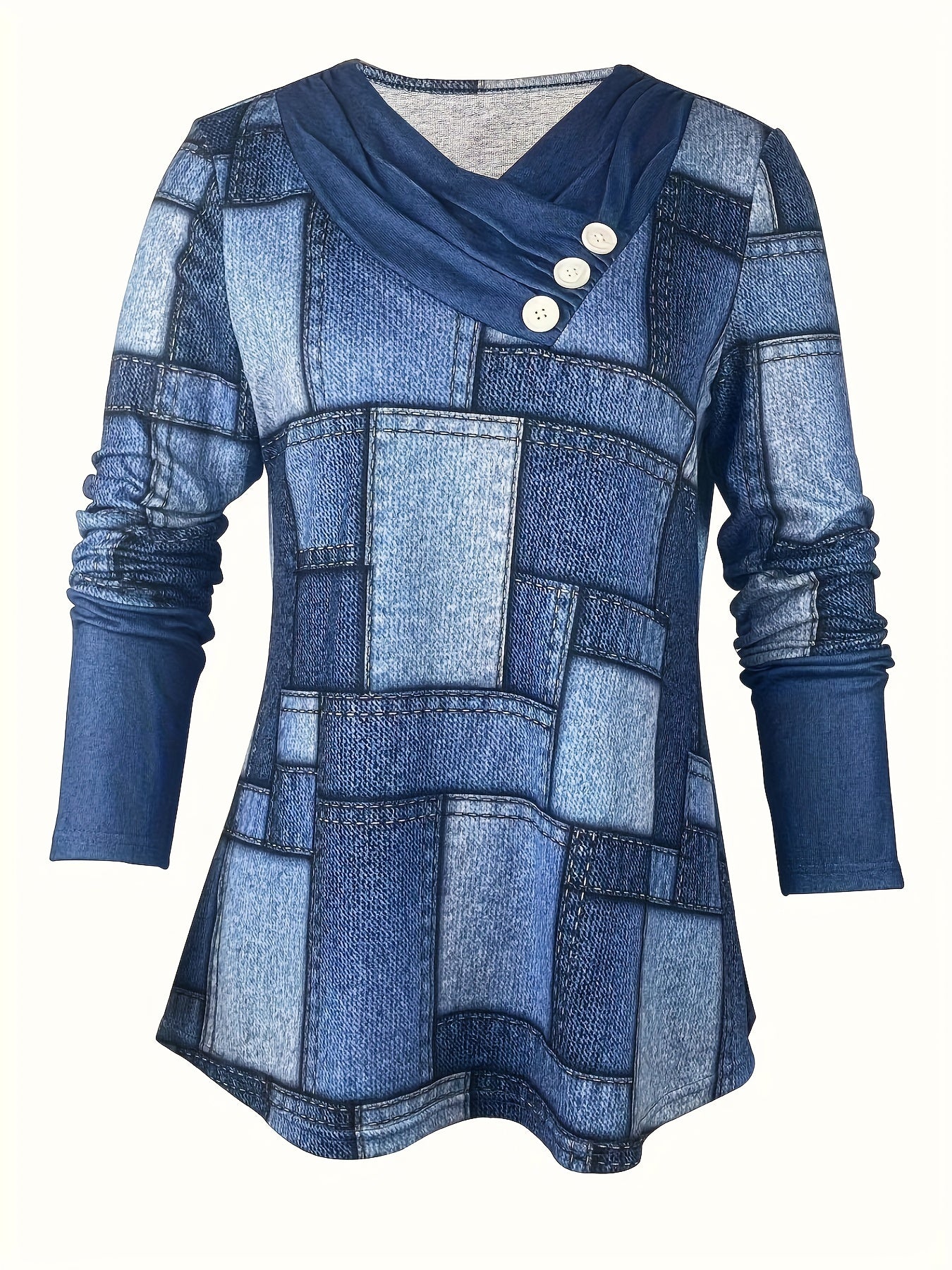 Patchwork Print Button Decor Tunics, Casual Long Sleeve V-neck