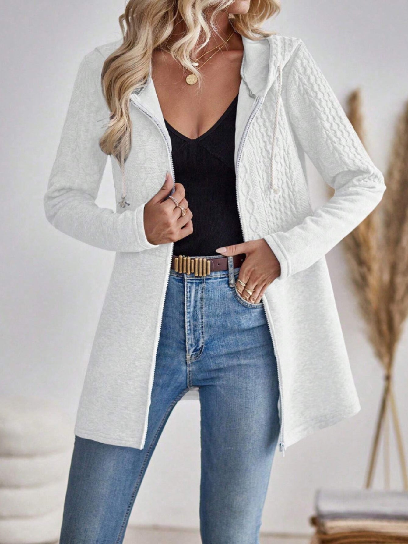Women's Casual Long Sleeve Textured Zip-up Hoodie Sweatshirt - Soft Drawstring Jacket