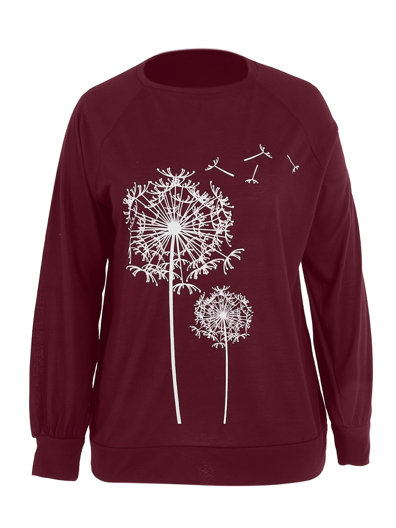 Dandelion Print Crew Neck T-shirt, Casual Loose Long Sleeve T-Shirts Tops