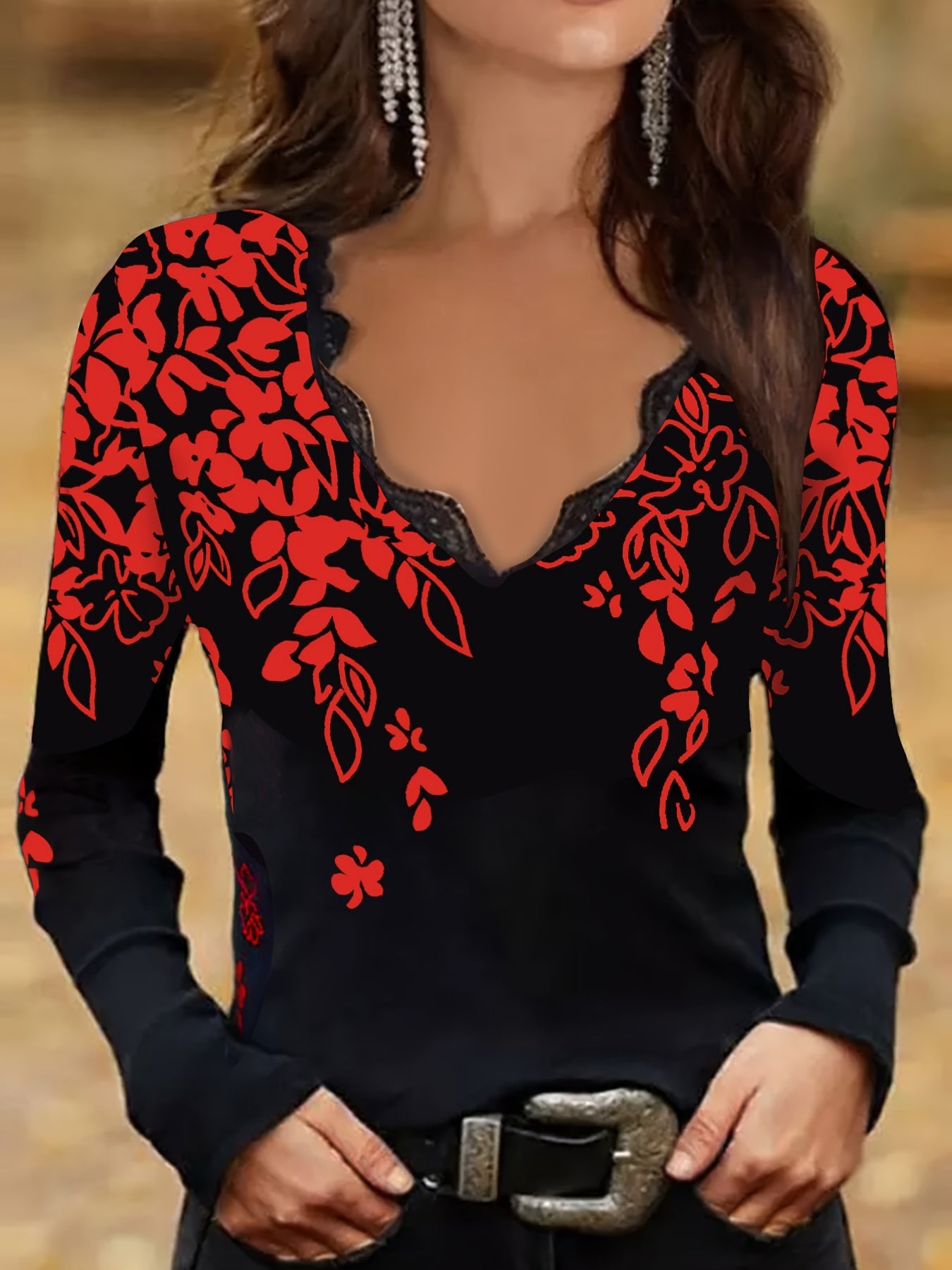 Casual Top, Women's Leaf Print Contrast Lace Long Sleeve V Neck Slight Stretch Top