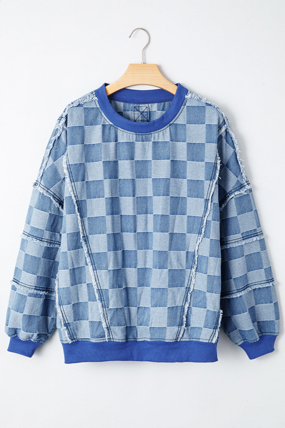 Sky Blue Checkerboard Splicing Raw Detail Oversized Denim Pullover
