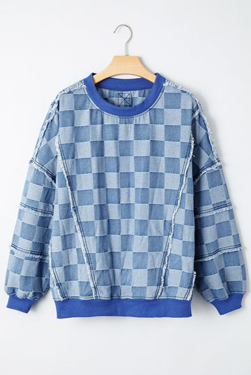 Sky Blue Checkerboard Splicing Raw Detail Oversized Denim Pullover