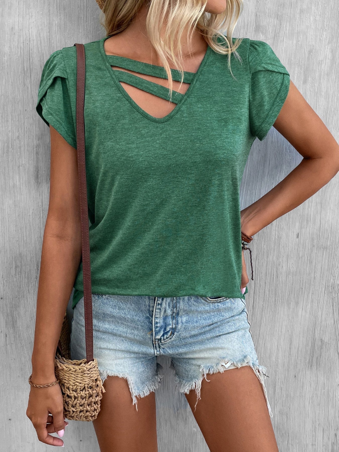 Petal Sleeve Loose T-Shirt, Short Sleeve Casual Top