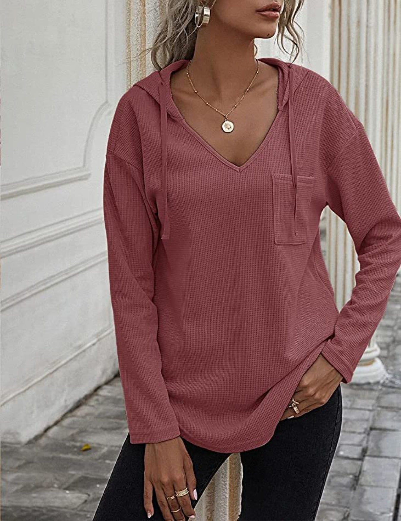 Drawstring Solid Waffle Hoodies, Casual V Neck Long Sleeve Sweatshirt With Pocket