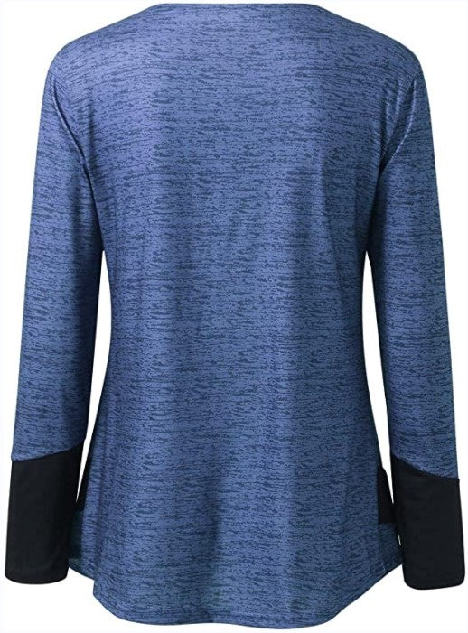 Color Block Button T-Shirt, V Neck Long Sleeve T-Shirt, Casual Every Day Tops