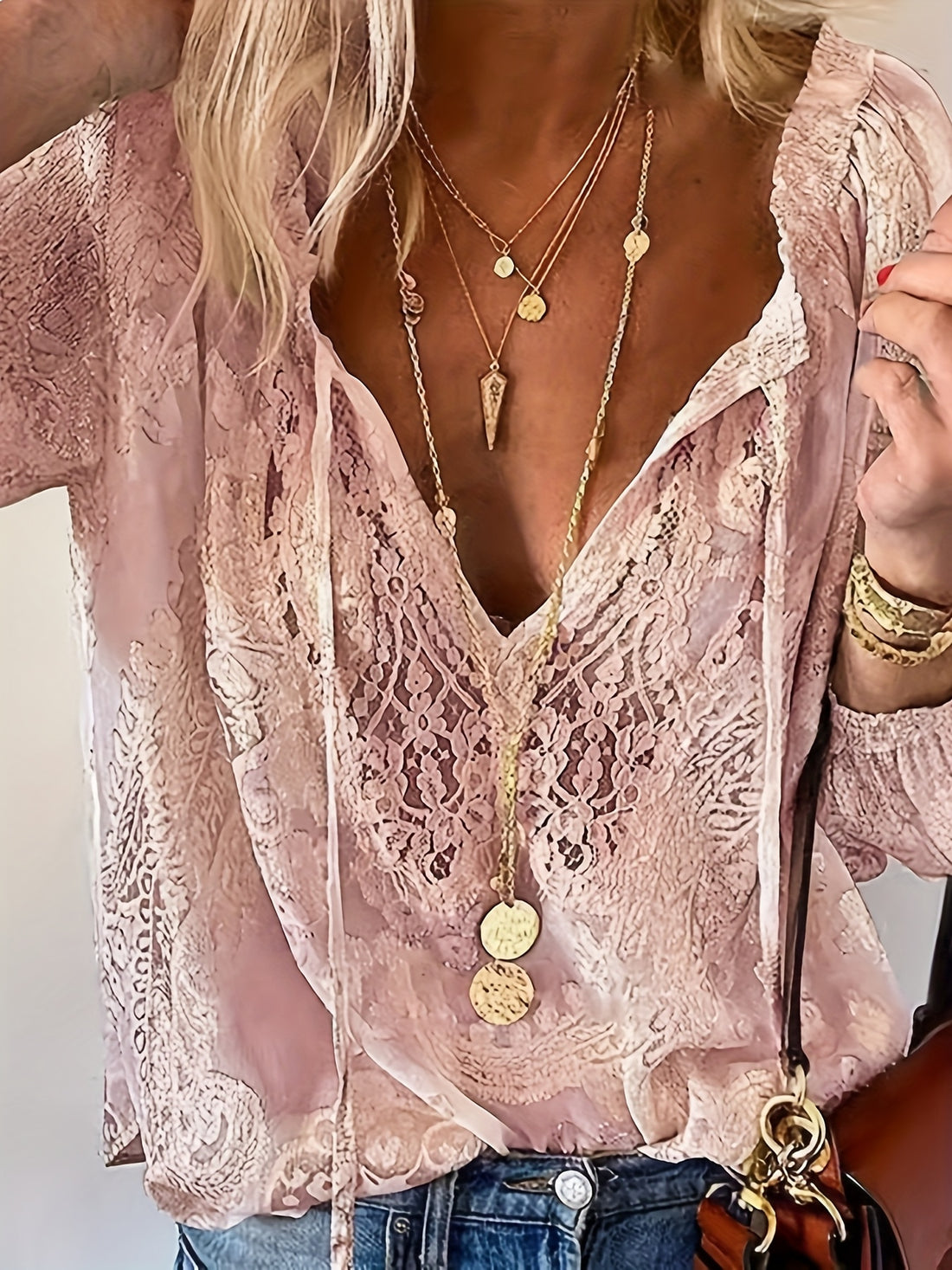 Elegant Lace Long Sleeve Bell Shirt with Contrast Lace Trim