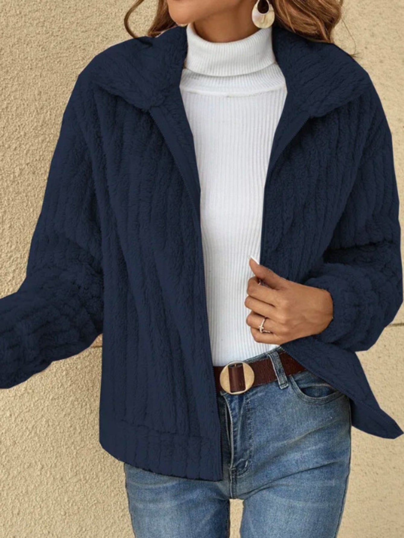 Casual Coat, Women's Fuzzy Long Sleeve Zip Up Lapel Collar Shaggy Teddy Coat