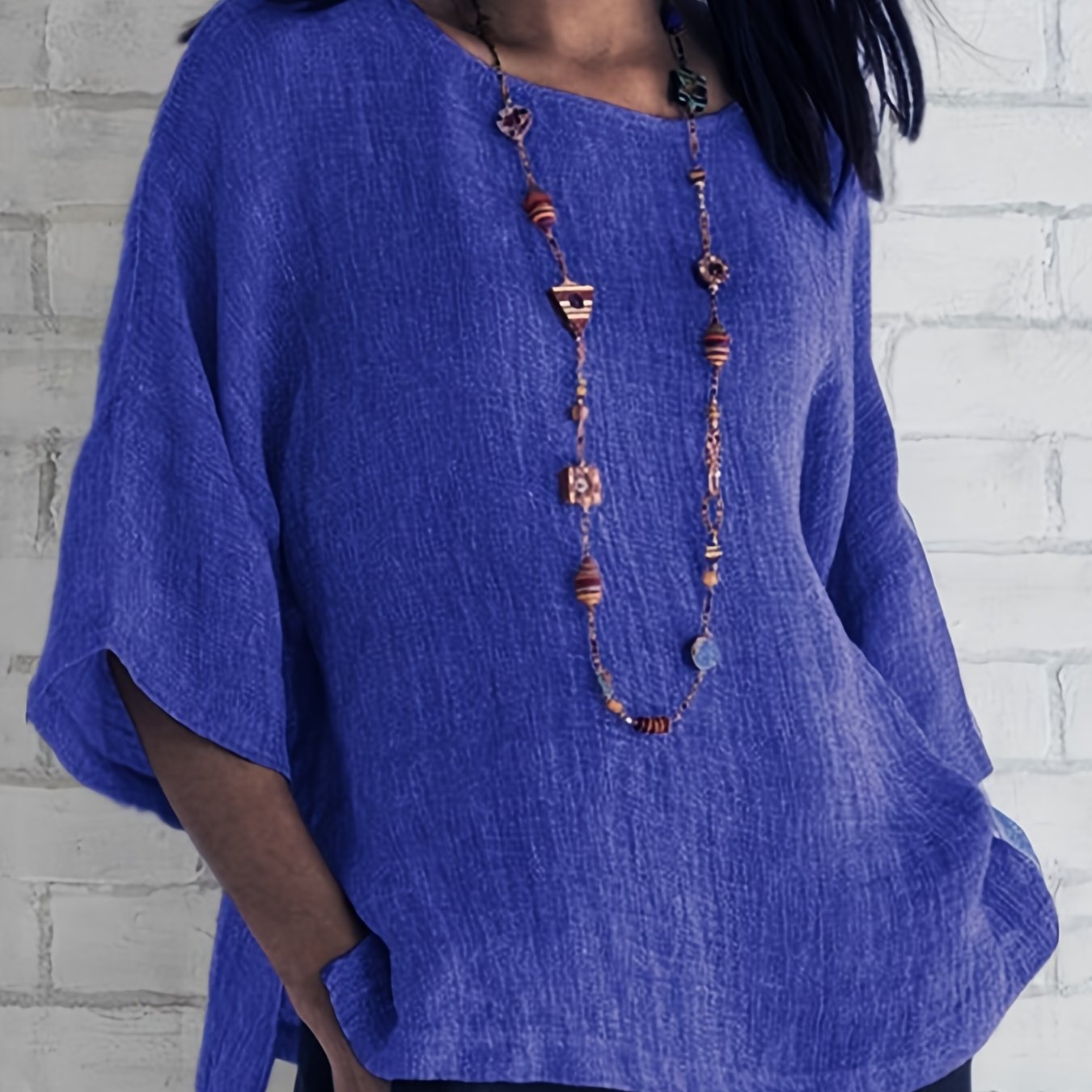 Crew Neck Loose Blouses, Casual Solid Color 3/4 Sleeve Summer Shirts Tops