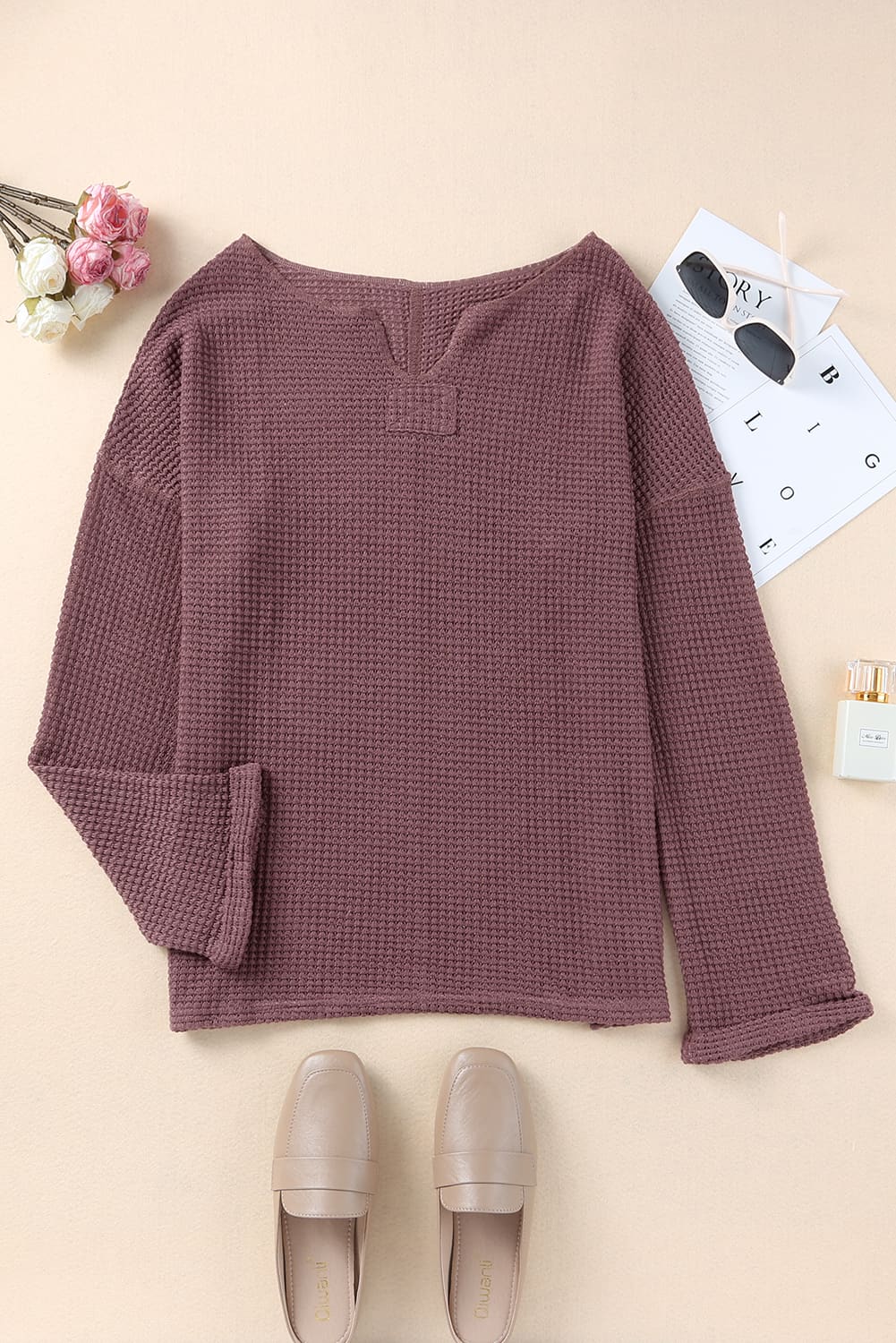 purple Waffle Knit Loose Long Sleeve Top