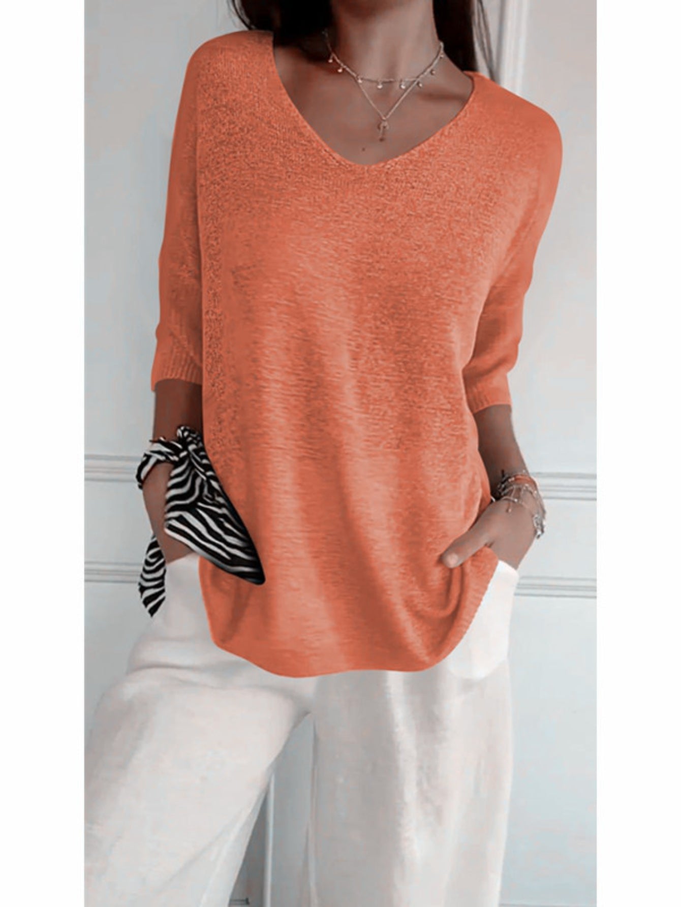 Cozy V Neck Pullover Three-Quarter Sleeve Knitted Sweater