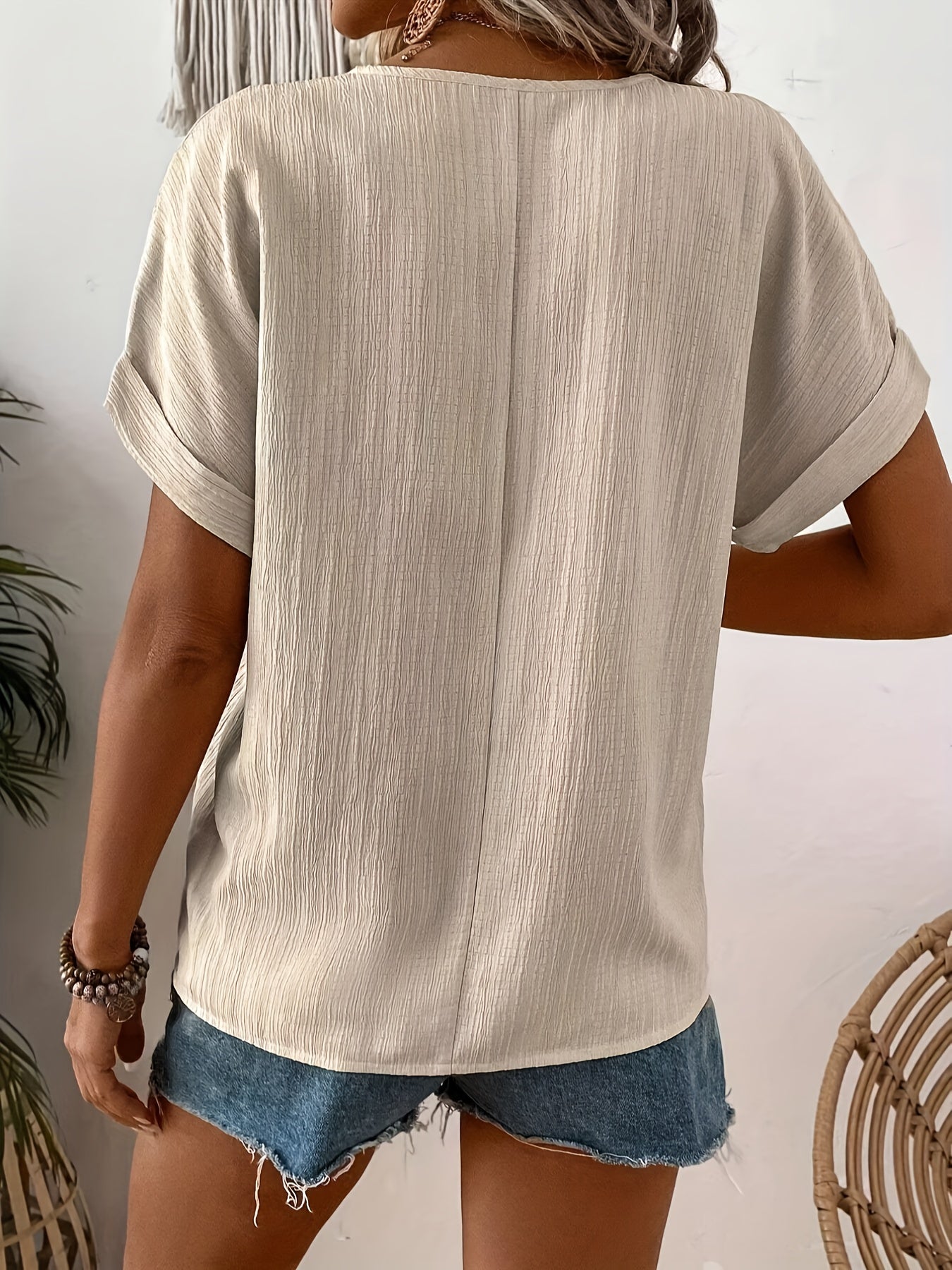 Button Front Notched Neck Blouse, Casual Solid Short Sleeve Blouse