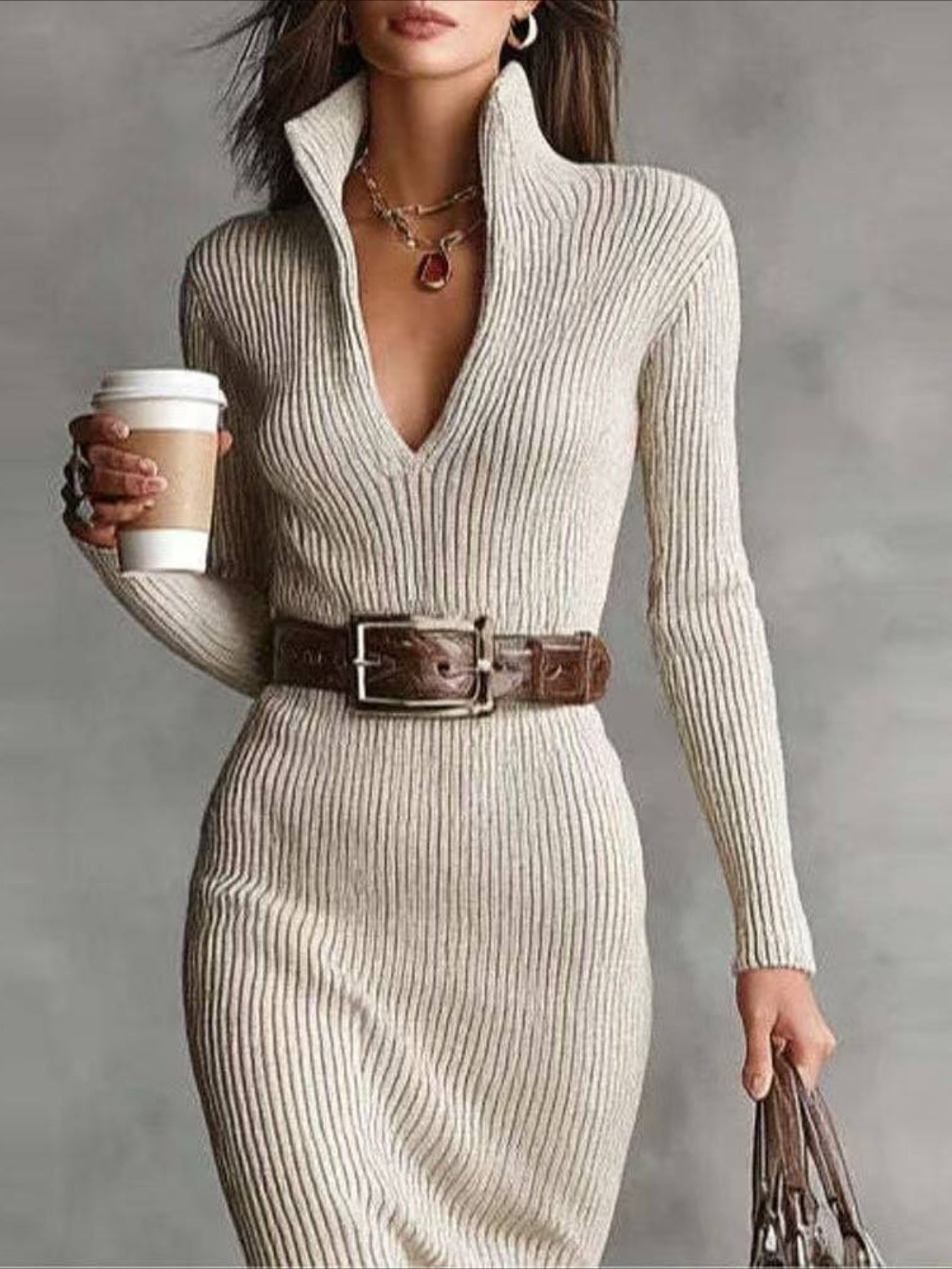 Loose Plain Simple Turtleneck Sweater Dress With No Belt