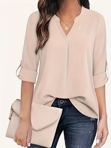 Solid Simple Blouse, Casual V Neck Long Sleeve Blouse
