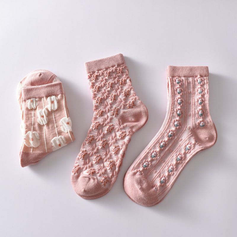 6 Pairs Flower Bubble Cable Crew Socks, Lightweight & Comfy Mid-tube Socks