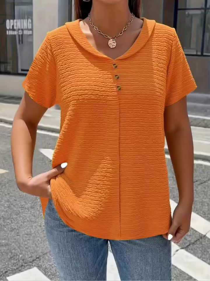 Elegant Solid Color Button- Doll Collar Short Sleeve T-Shirt