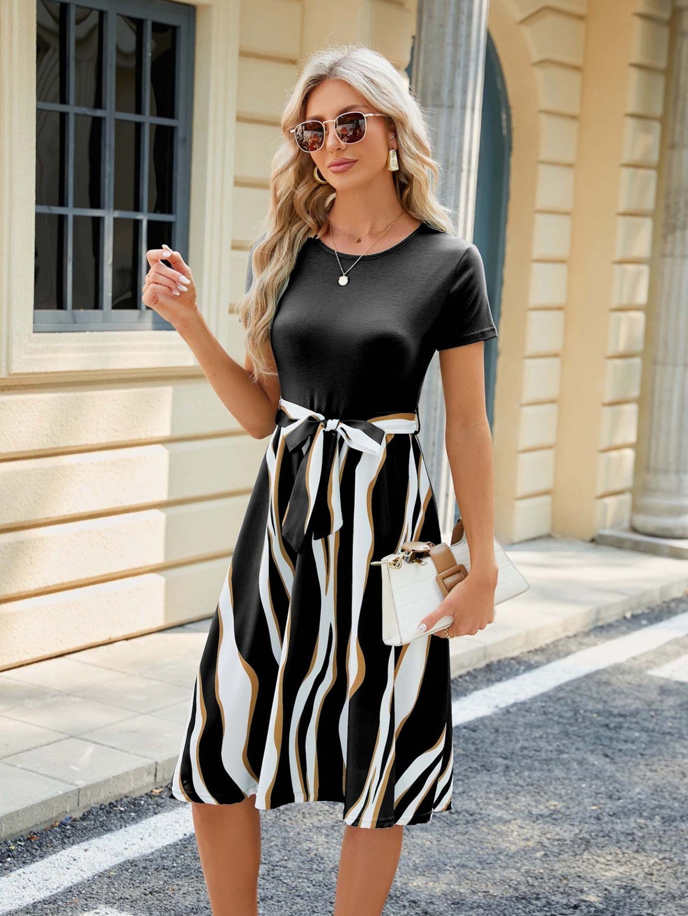 Colorblock Belted A-line Dress