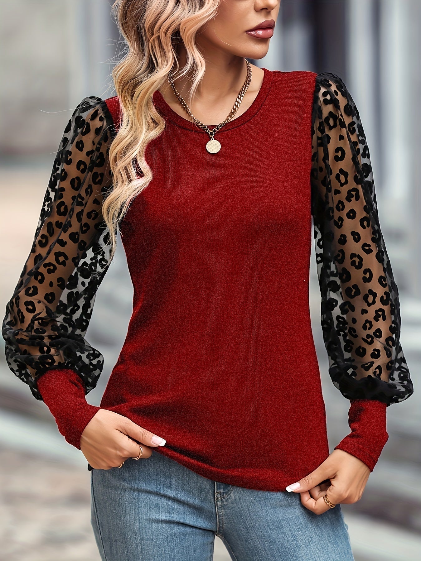 Solid Color Lace Patchwork Ballon Sleeve Ribbed Knit Tops, Elegant Everyday Blouse