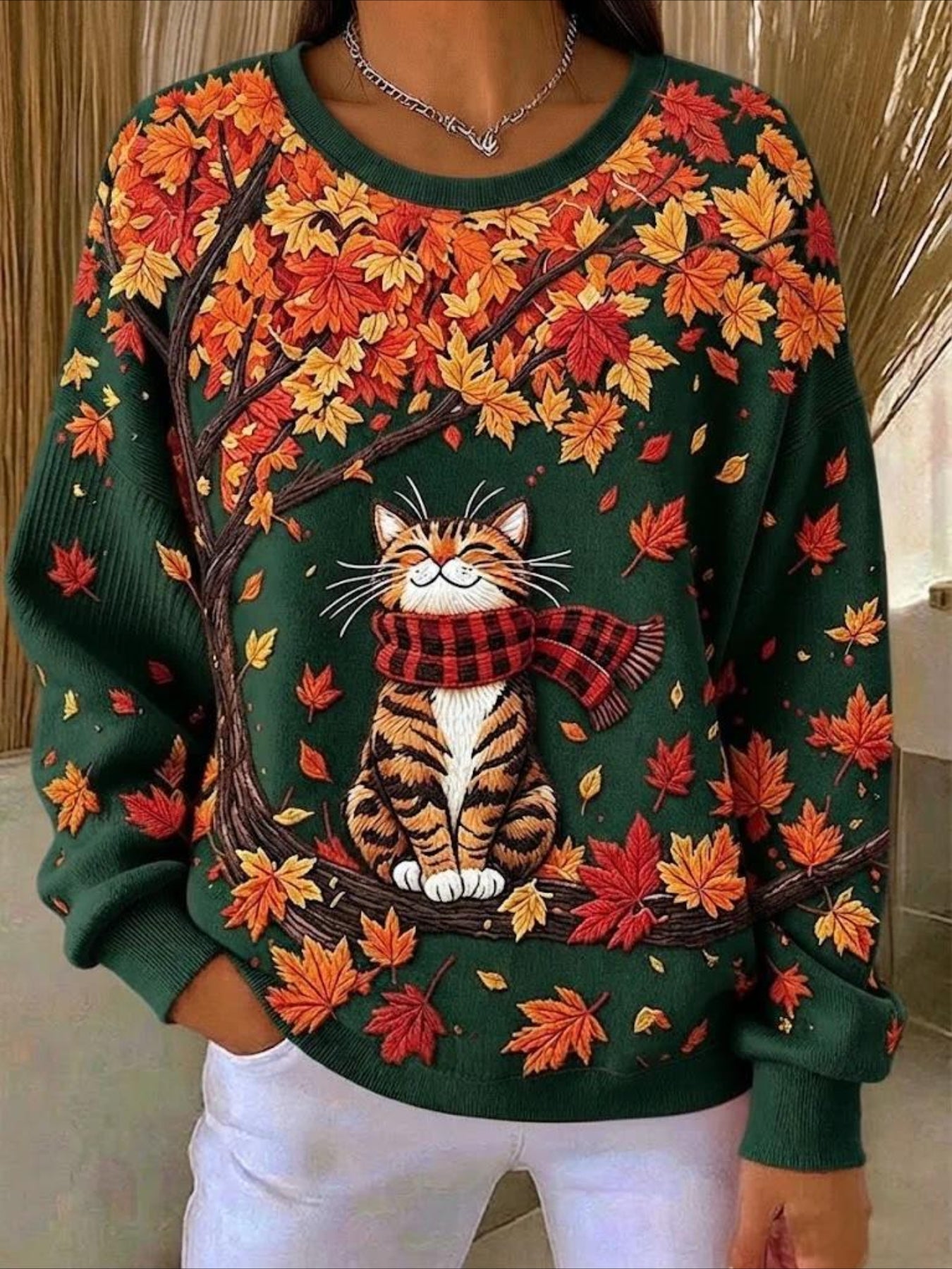 Maple Leaf Printing Crew Neck Floral Long Sleeve Comfy Casual Sweater Tee