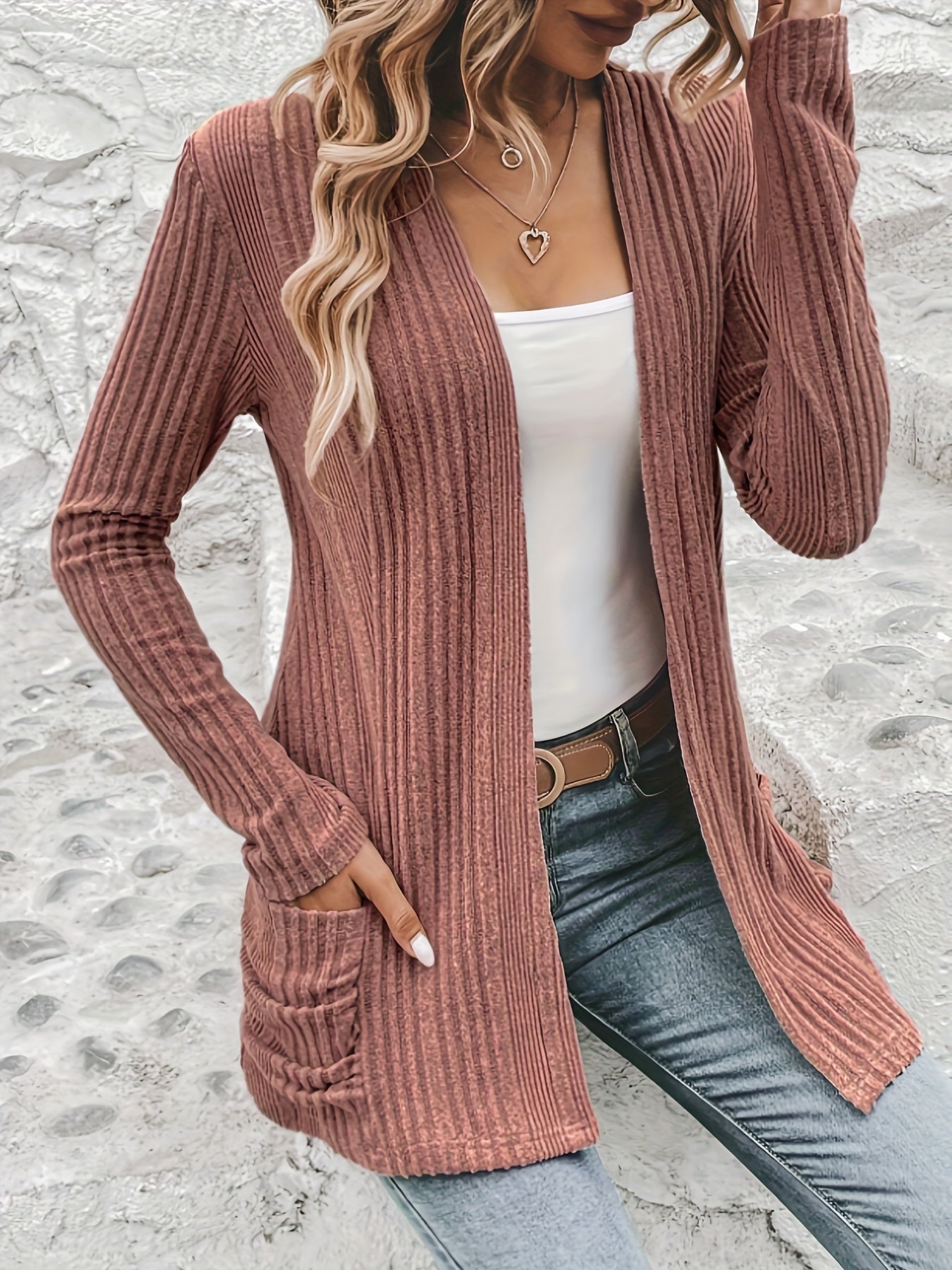Solid Open Front Rib Knit Cardigan, Casual Long Sleeve Slim Cardigan With Pocket