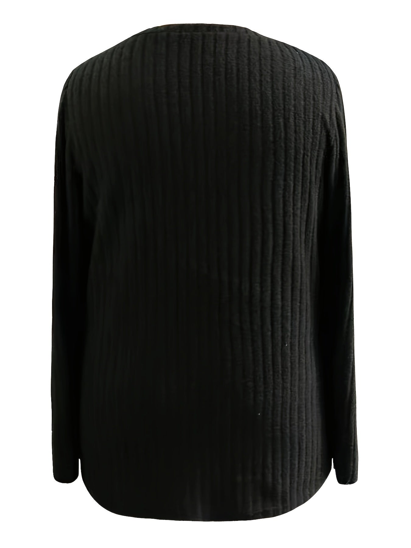 Casual Top, Women's Solid Ribbed Long Sleeve Round Neck Medium Stretch Top With Pockets