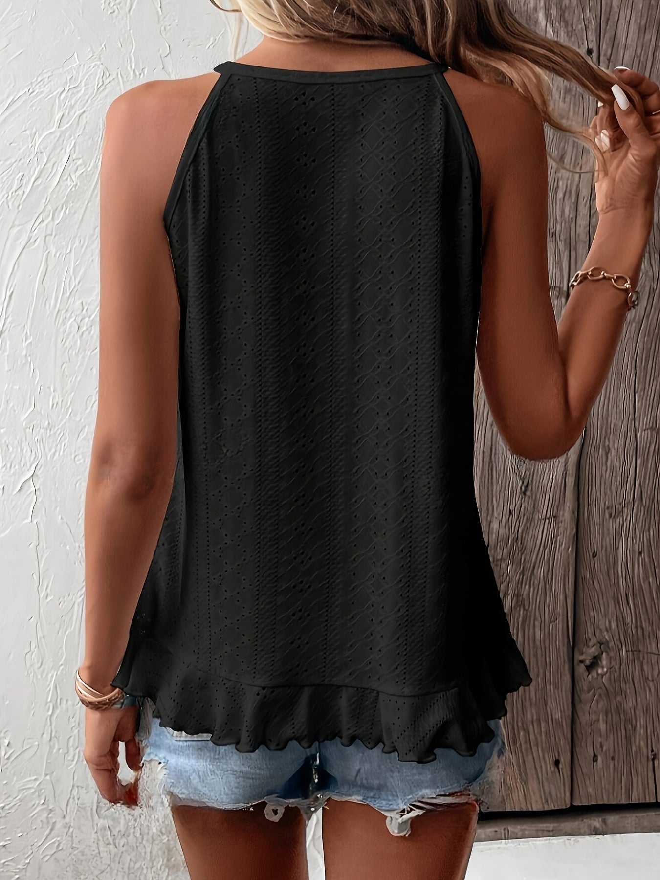 Women's Solid Cross Halter Top with Ruffle Trim and Eyelet Detail