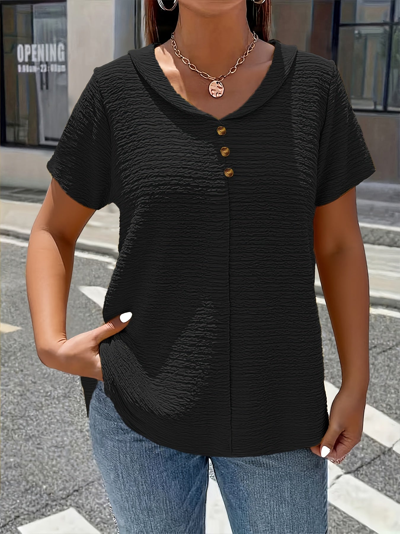 Elegant Solid Color Button- Doll Collar Short Sleeve T-Shirt