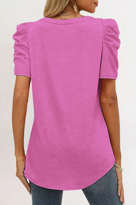Rose Puff Sleeve V-Neck T-Shirt