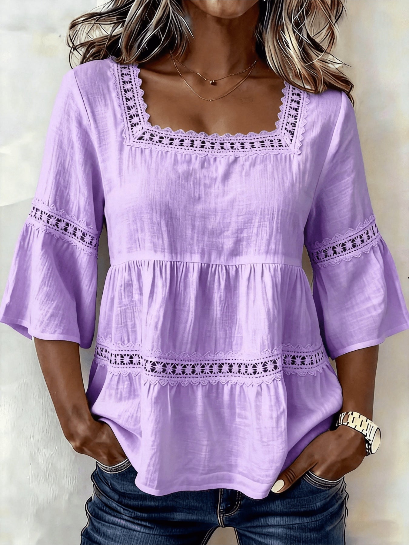 3/4-Length Bell Sleeves Square-Neck Lace-Panel Blouse