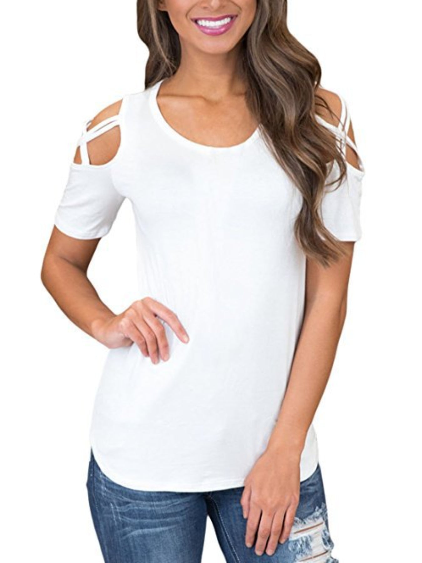 Solid Cold Shoulder T-shirt, Casual Crew Neck Short Sleeve T-shirt