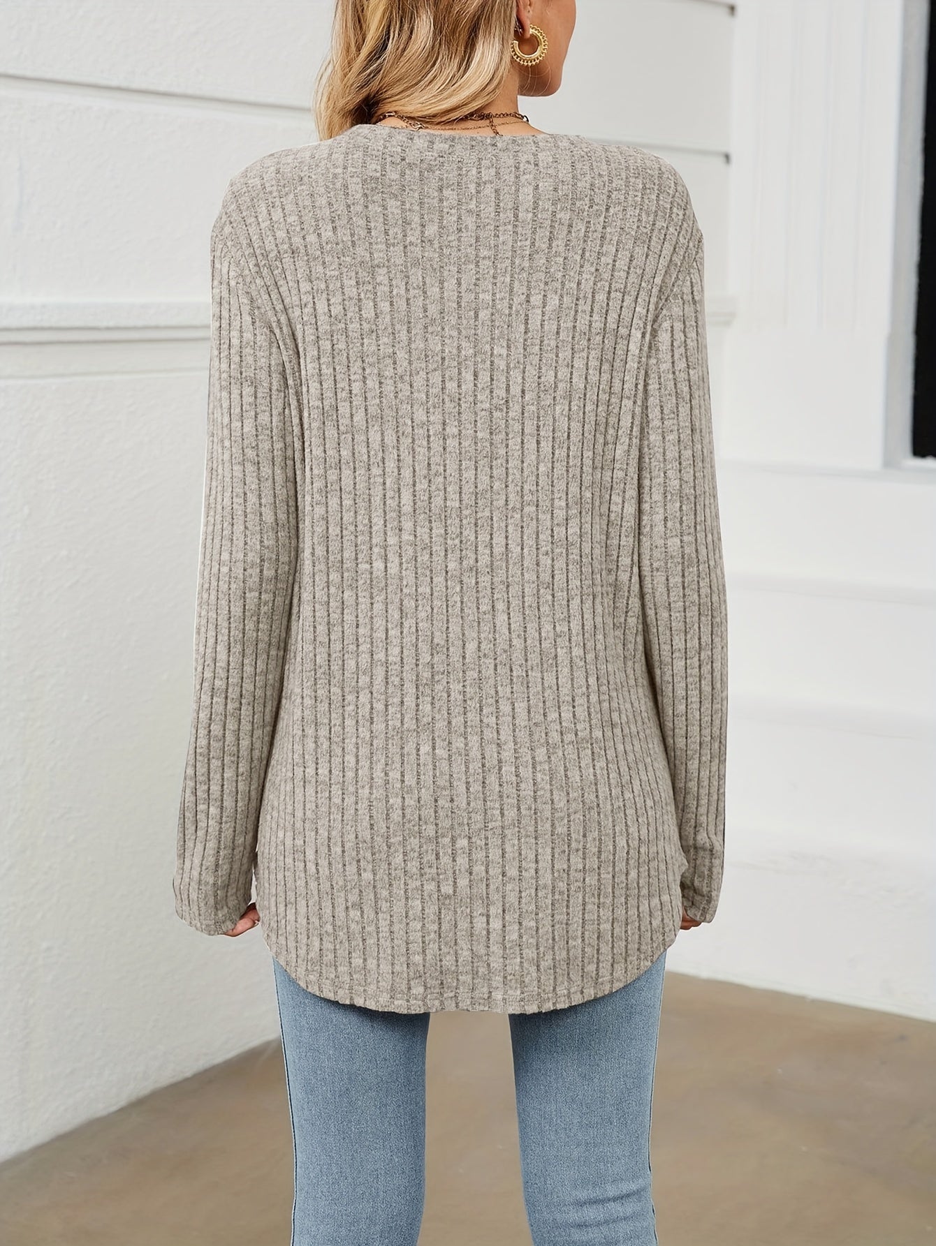 Solid Crew Neck Rib Knit Top, Casual Button Long Sleeve Loose Sweater