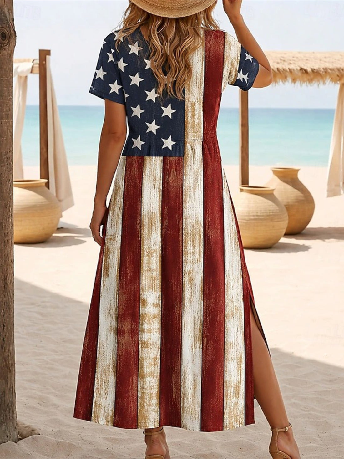 Independence Day Patriotic Loose Fit Graphic Geometric Flag Short Sleeve Crewneck Maxi Dress
