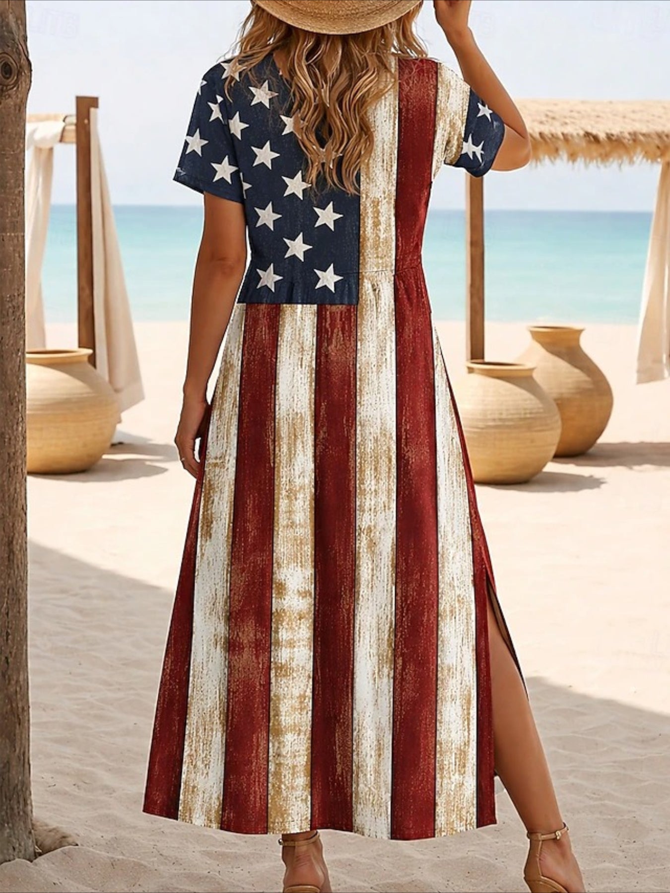 Patriotic Loose Fit Graphic Geometric Flag Short Sleeve Crewneck Maxi Dress
