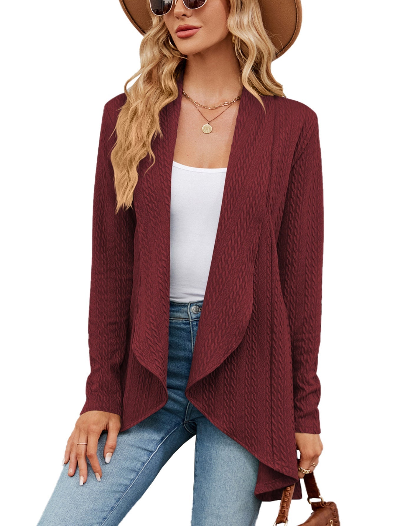 Cable Knit Shawl Collar Cardigan, Open Front Long Sleeve Cardigan
