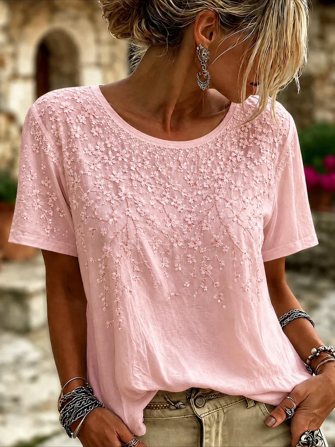 Floral Print Crew Neck Short Sleeve Top