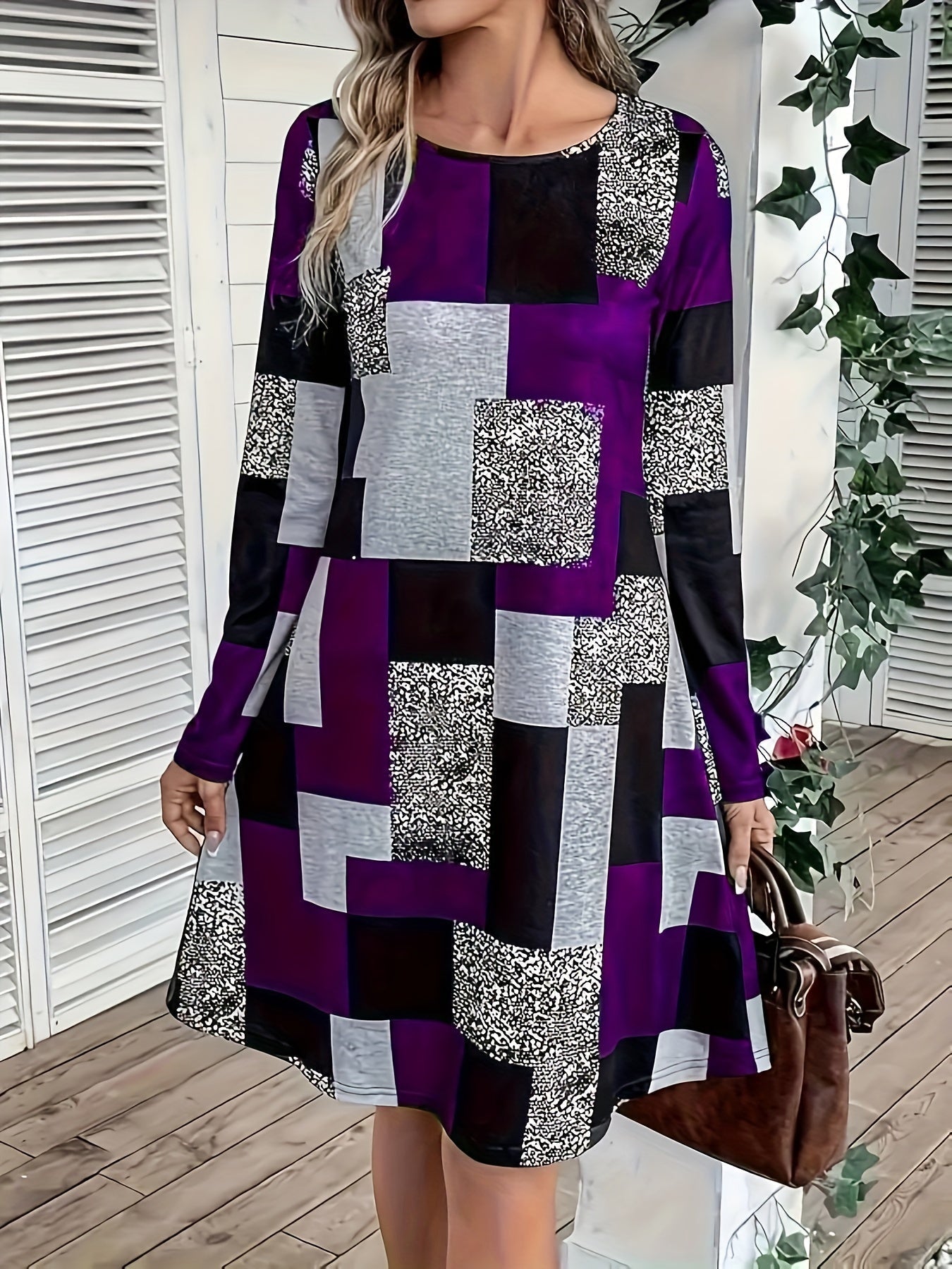 Women's Casual Crew Neck Long Sleeve Geometric Print Dress
