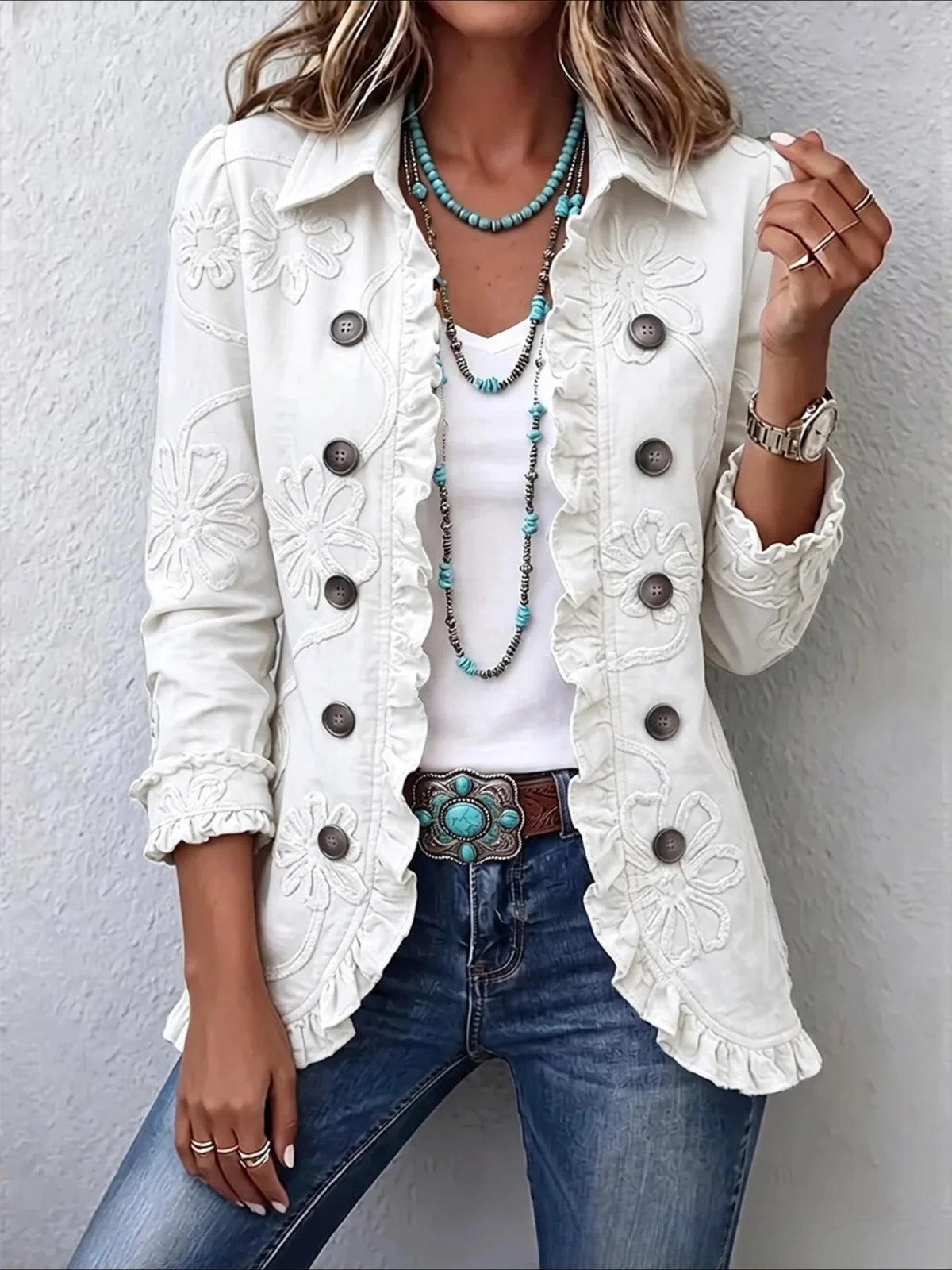 Long Sleeve Ruffle Edge Open Button Cardigan Coat