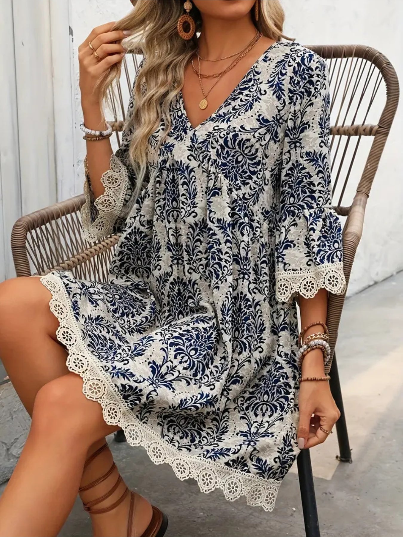 3/4 Sleeve Striped V-neck Trapeze Dress