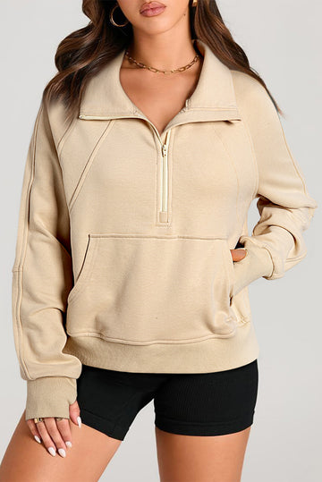 Parchment Quarter Zip Stand Neck Kangaroo Pocket Sweatshirt