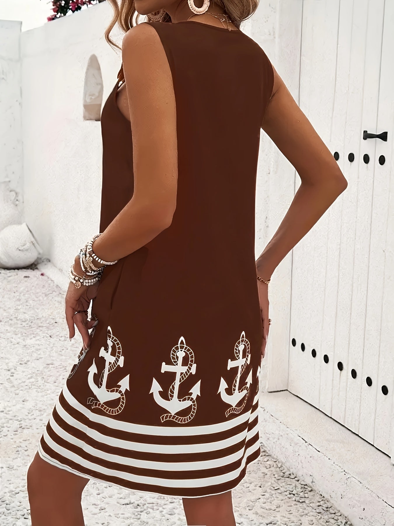 Floral & Striped Print Sleeveless V-Neck Dress