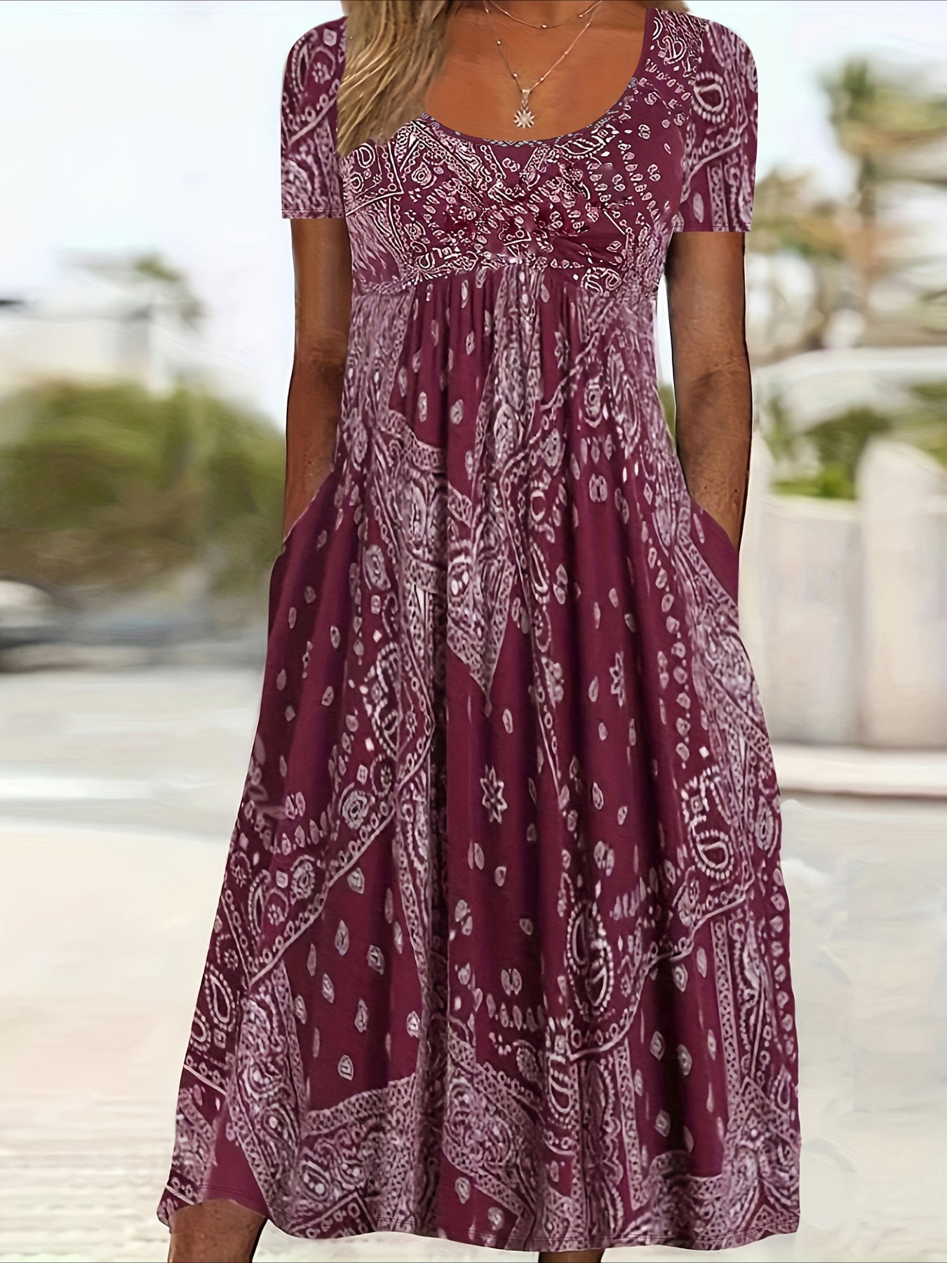 Print A-Line Short Sleeve Round Neck Dress with Pockets