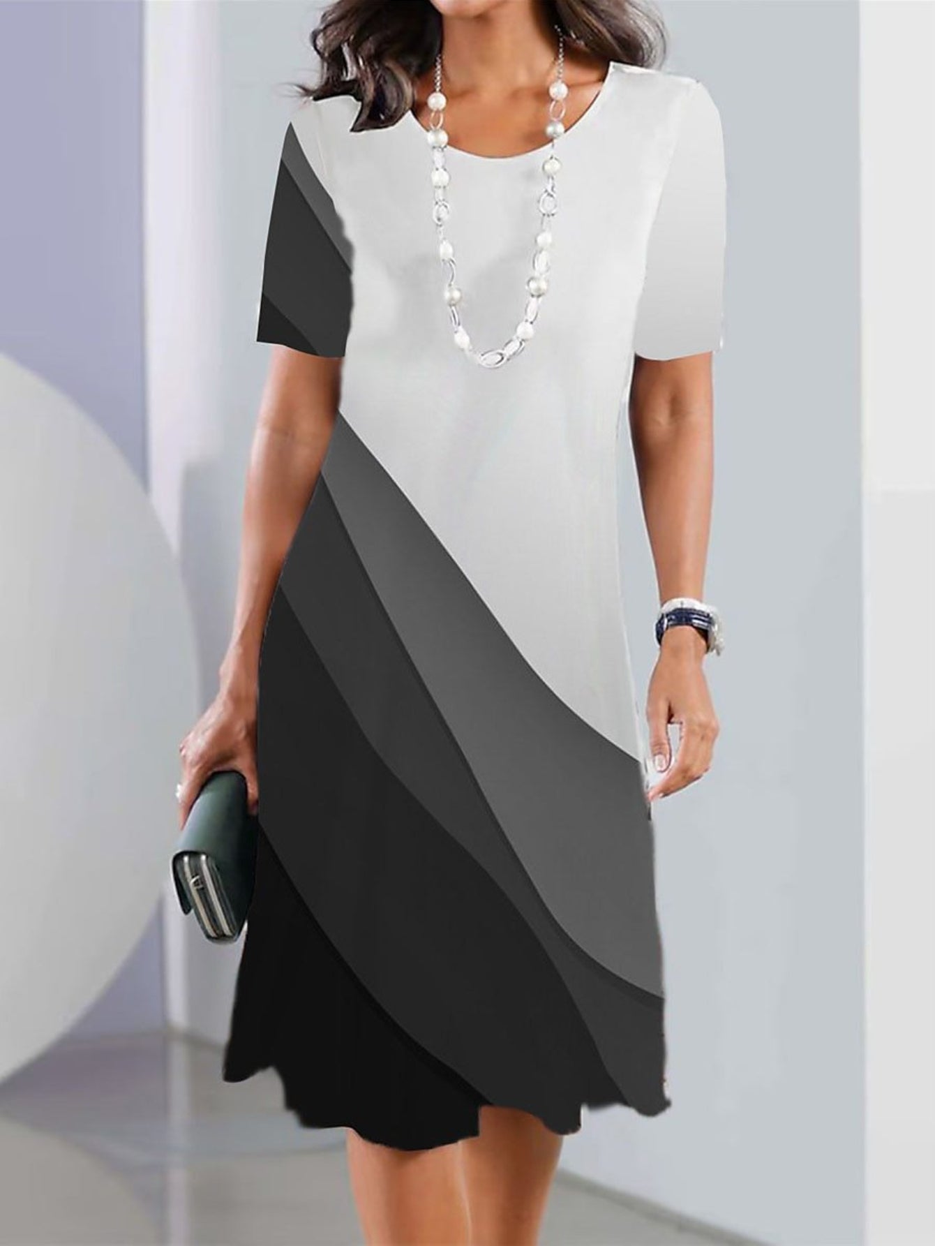 Geo Print Crew Neck Dress, Casual Short Sleeve Dress