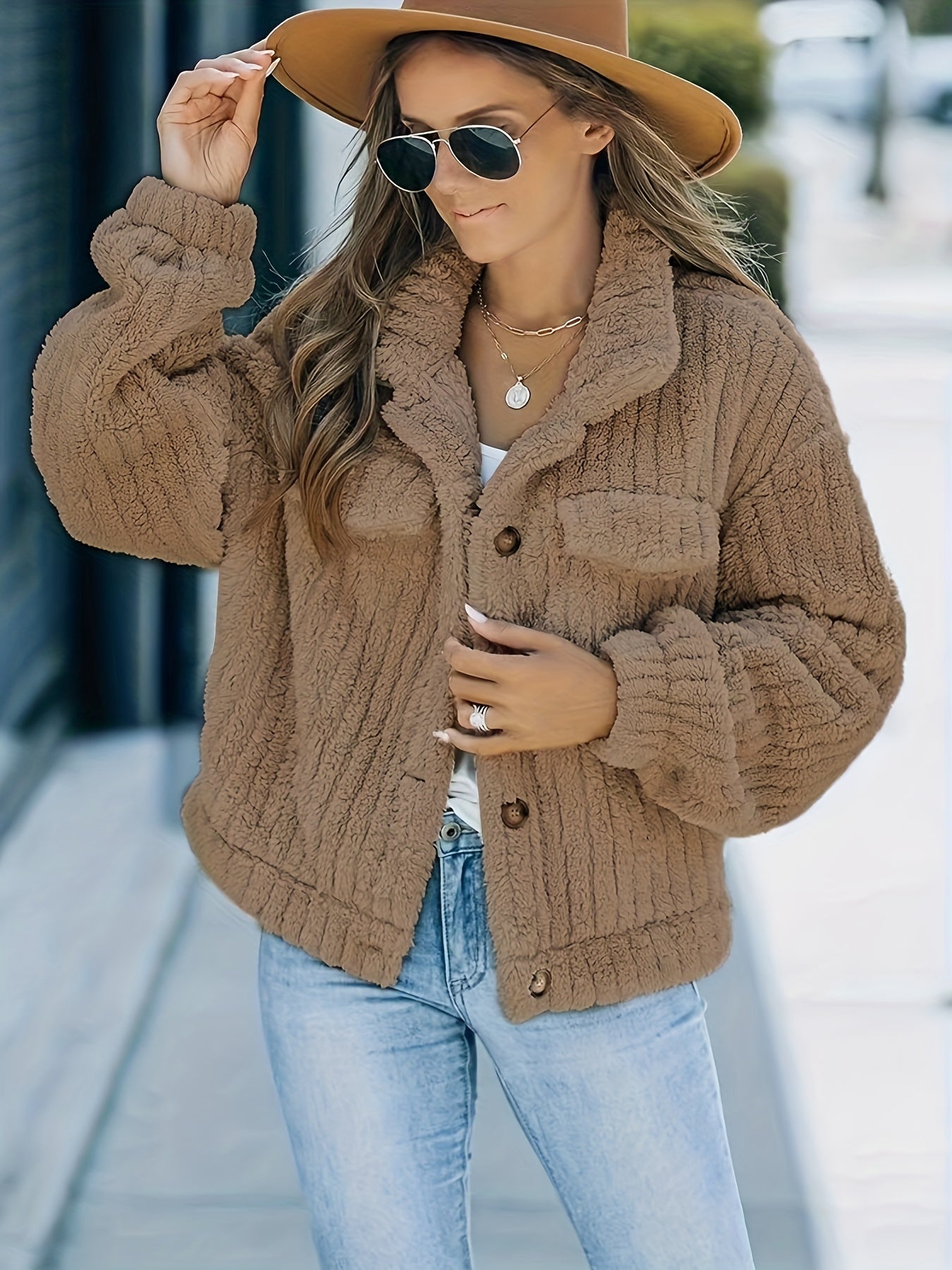 Solid Faux Fur Trucker Jacket, Casual Long Sleeve Jacket