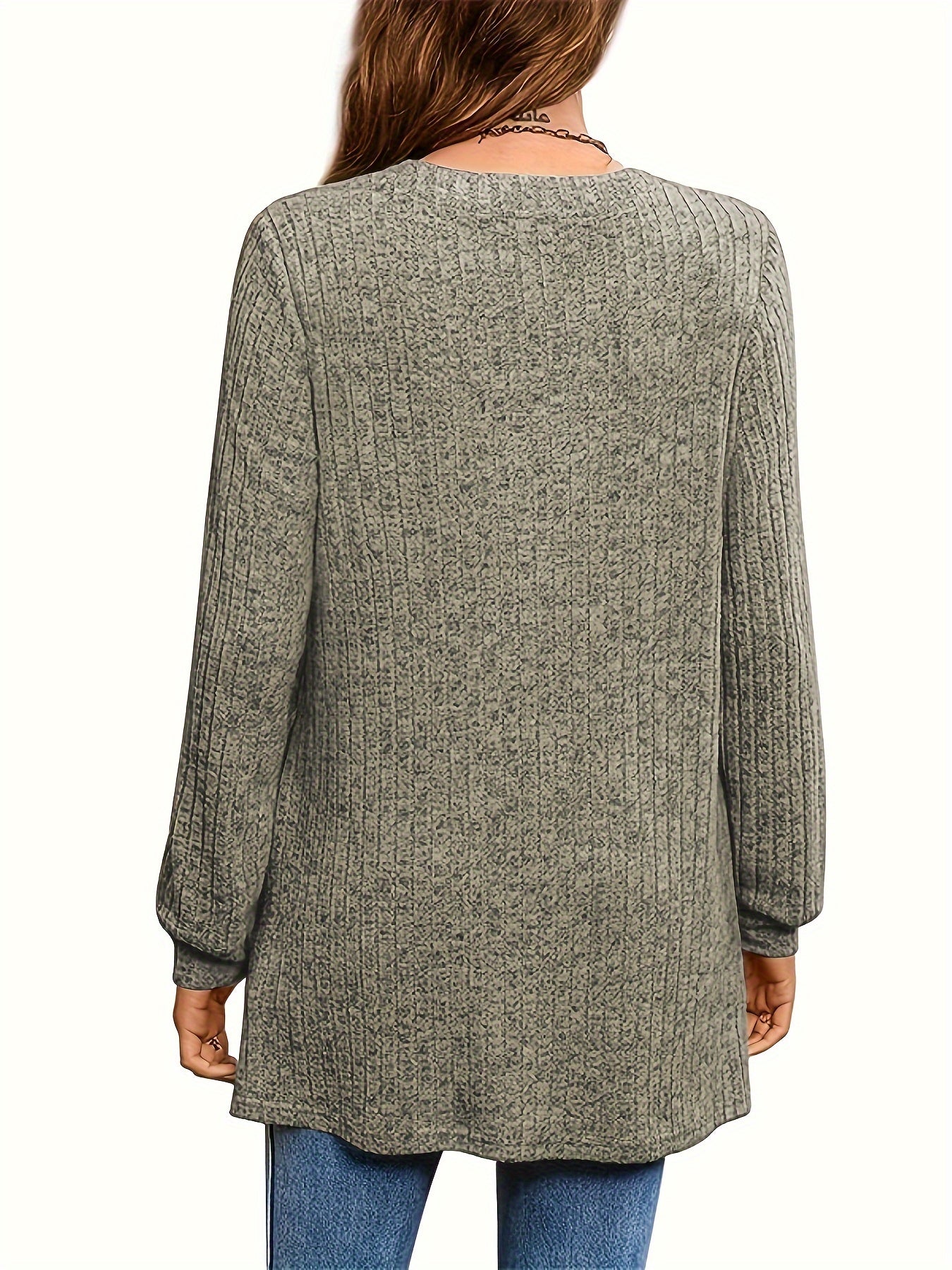 Solid Notched Neck Simple Tunics, Versatile Long Sleeve Top