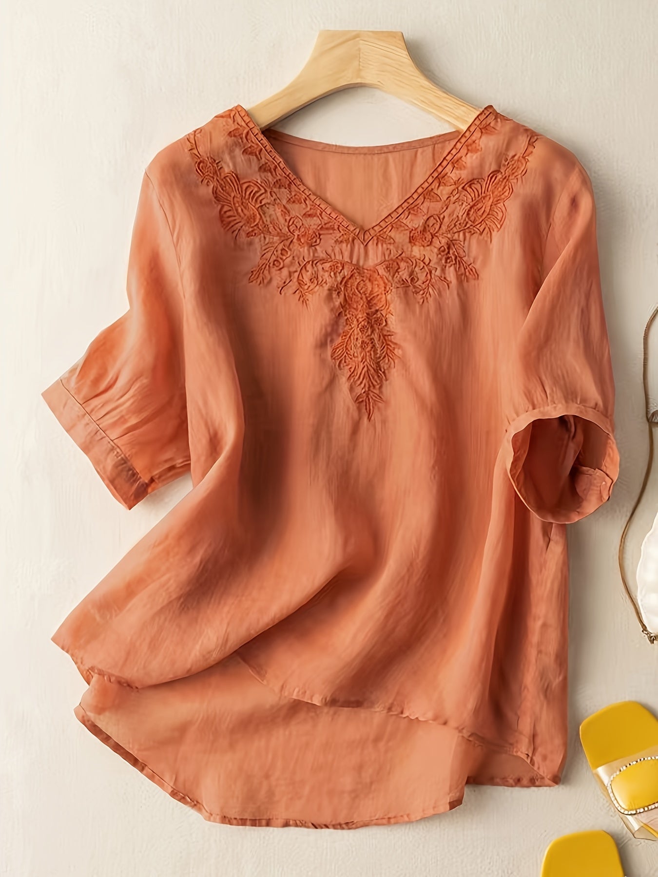 Floral Embroidery V Neck T-shirt, Vintage Half Sleeve Cotton Loose T-shirt
