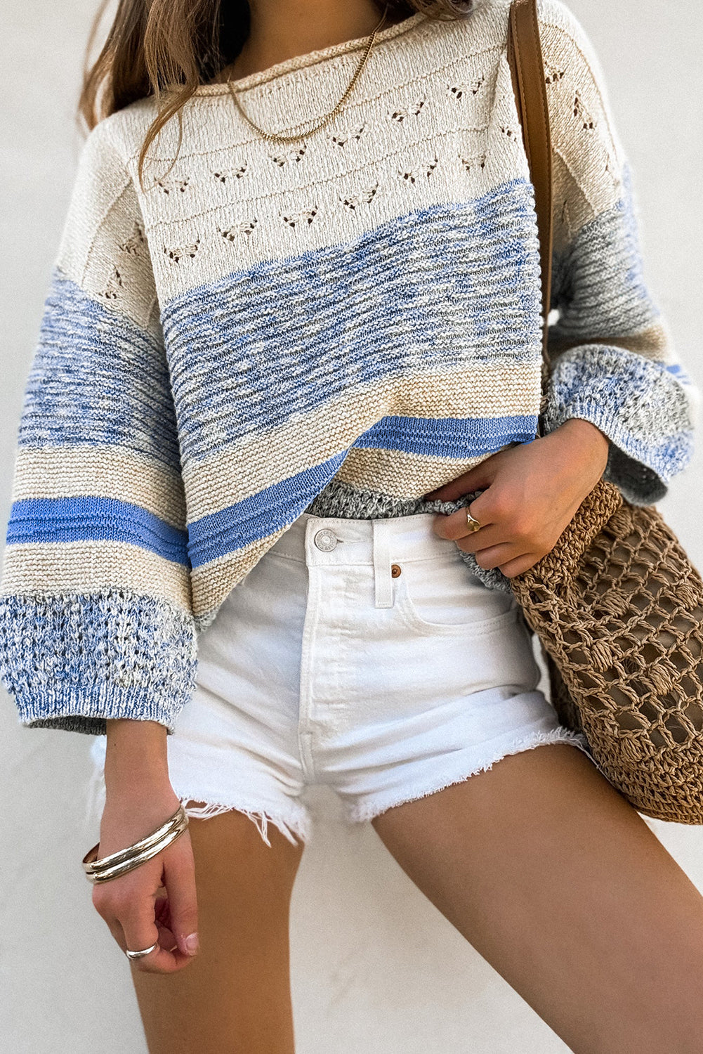 Light Blue Open Stitch Puff Sleeve Sweater